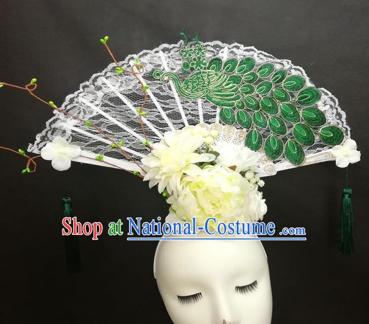 Chinese Cheongsam Catwalks Lace Fan Headwear Handmade Fashion Show Giant Hair Crown Traditional Stage Court Deluxe Green Peacock Top Hat