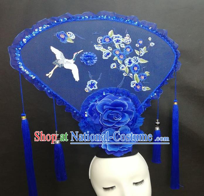 Chinese Cheongsam Catwalks Deluxe Blue Fan Headwear Handmade Fashion Show Giant Hair Crown Traditional Stage Court Embroidered Crane Plum Top Hat