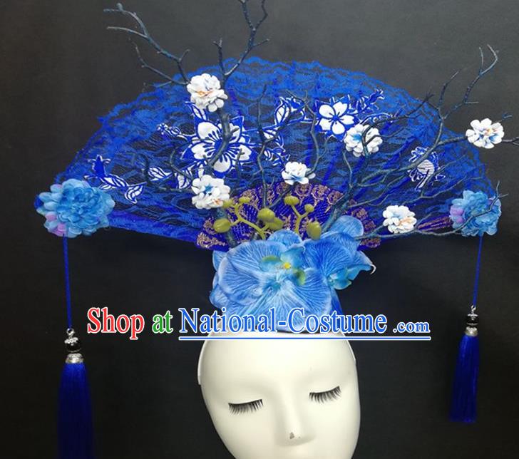 Chinese Traditional Stage Court Top Hat Cheongsam Catwalks Deluxe Blue Lace Fan Headwear Handmade Fashion Show Giant Hair Crown