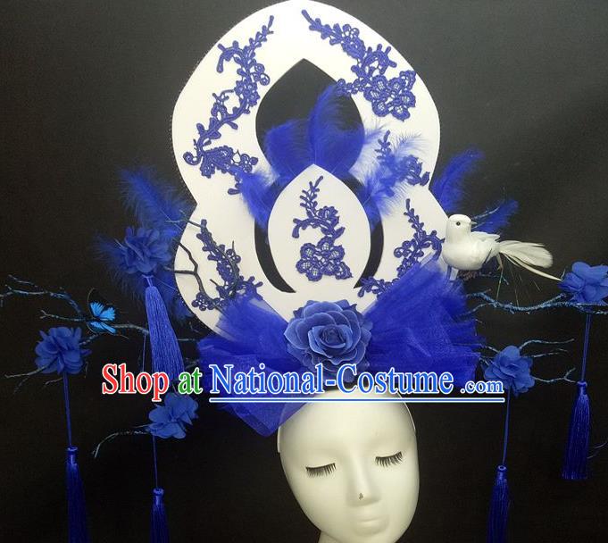 Chinese Cheongsam Catwalks Deluxe Blue Veil Peony Headwear Handmade Fashion Show Giant Feather Hair Crown Traditional Stage Court Top Hat