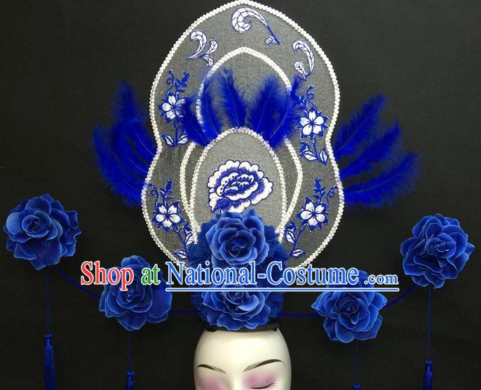 Chinese Handmade Fashion Show Giant Blue Feather Hair Crown Traditional Stage Court Peony Flowers Top Hat Cheongsam Catwalks Deluxe Headwear