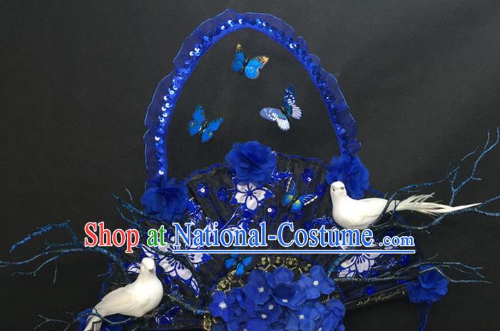 Chinese Traditional Stage Court Blue Butterfly Top Hat Cheongsam Catwalks Deluxe Headwear Handmade Fashion Show Giant Lace Fan Hair Crown