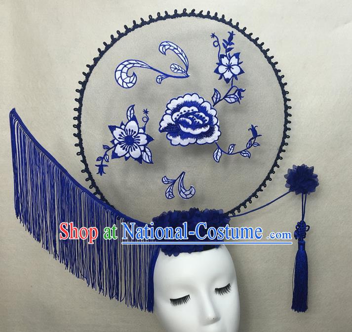 Chinese Cheongsam Catwalks Deluxe Tassel Headwear Handmade Fashion Show Giant Hair Crown Traditional Stage Court Embroidered Peony Top Hat