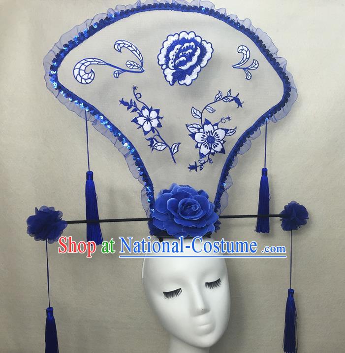 Chinese Traditional Stage Court Embroidered Peony Top Hat Cheongsam Catwalks Deluxe Headwear Handmade Fashion Show Giant Fan Hair Crown