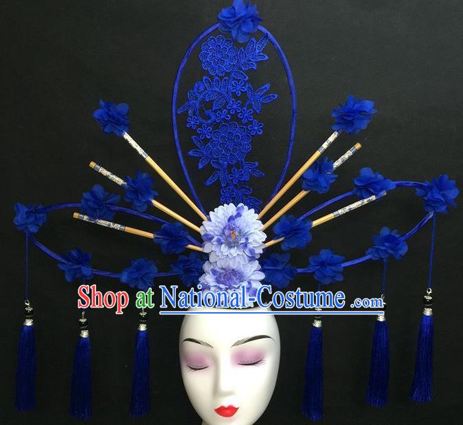 Chinese Traditional Court Giant Fan Top Hat Handmade Catwalks Deluxe Fashion Headwear Qipao Stage Show Blue Tassel Hair Crown