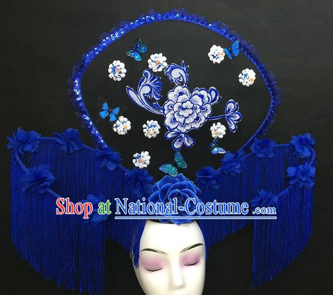 Chinese Qipao Stage Show Embroidered Hair Crown Traditional Court Giant Fan Top Hat Handmade Catwalks Deluxe Tassel Fashion Headwear