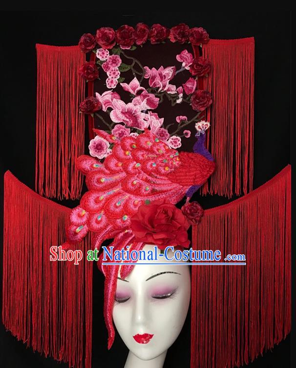 Chinese Catwalks Giant Fashion Headpiece Handmade Cheongsam Stage Show Tassel Hair Crown Traditional Court Red Peacock Hair Clasp