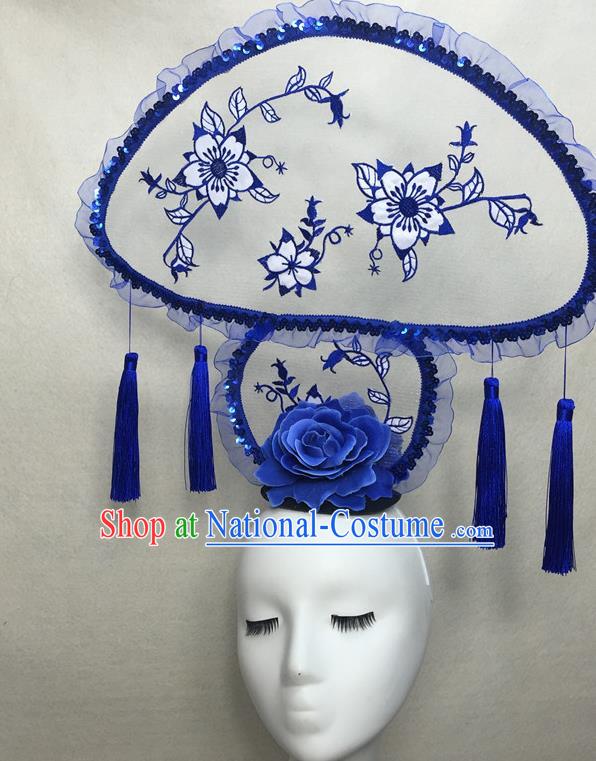 Chinese Cheongsam Catwalks Deluxe Mushroom Headwear Handmade Fashion Show Giant Hair Crown Traditional Stage Court Tassel Top Hat