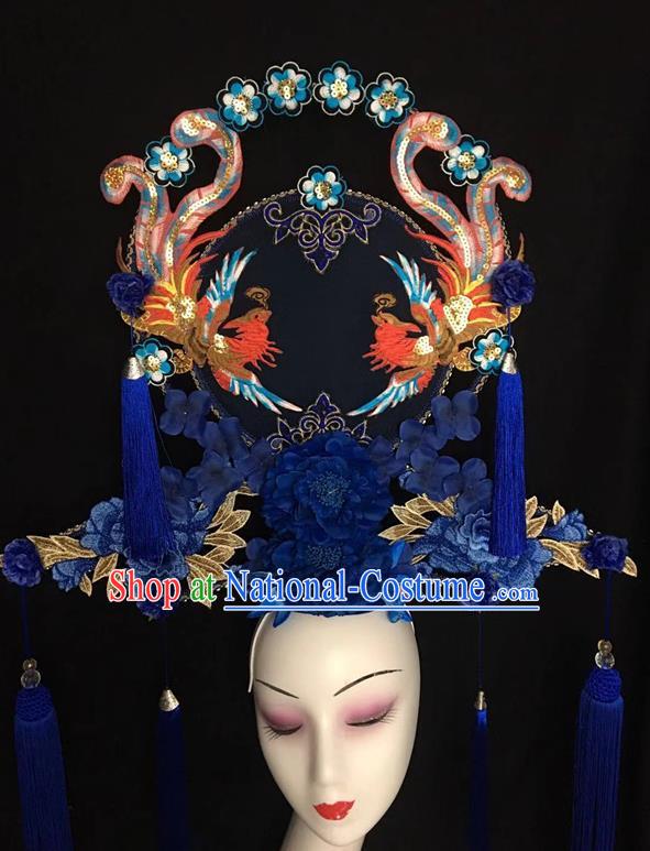 China Handmade Catwalks Giant Fashion Headdress Cheongsam Show Embroidered Phoenix Hair Crown Traditional Court Blue Peony Hair Clasp