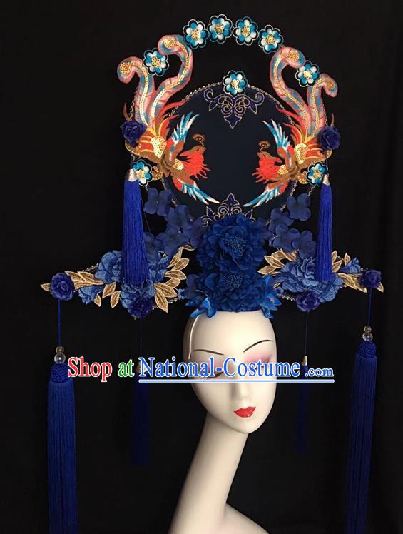 China Handmade Catwalks Giant Fashion Headdress Cheongsam Show Embroidered Phoenix Hair Crown Traditional Court Blue Peony Hair Clasp