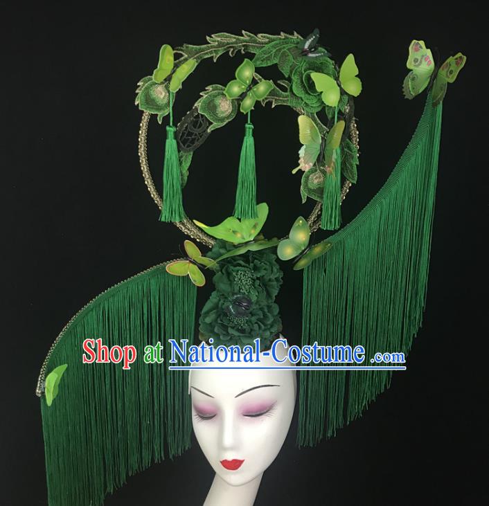 China Catwalks Deluxe Tassel Headdress Handmade Bride Fashion Headwear Qipao Show Hair Crown Court Green Flowers Top Hat