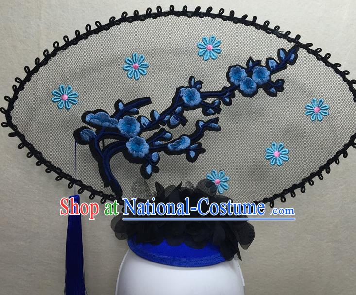 Chinese Cheongsam Catwalks Deluxe Headwear Handmade Fashion Show Giant Hair Crown Traditional Stage Court Embroidered Blue Plum Top Hat