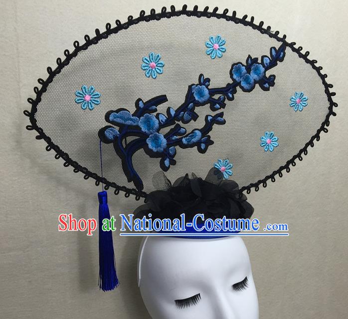 Chinese Cheongsam Catwalks Deluxe Headwear Handmade Fashion Show Giant Hair Crown Traditional Stage Court Embroidered Blue Plum Top Hat