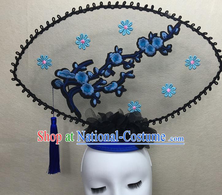 Chinese Cheongsam Catwalks Deluxe Headwear Handmade Fashion Show Giant Hair Crown Traditional Stage Court Embroidered Blue Plum Top Hat