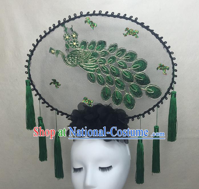 Chinese Traditional Stage Court Embroidered Peacock Top Hat Cheongsam Catwalks Deluxe Headwear Handmade Fashion Show Giant Hair Crown