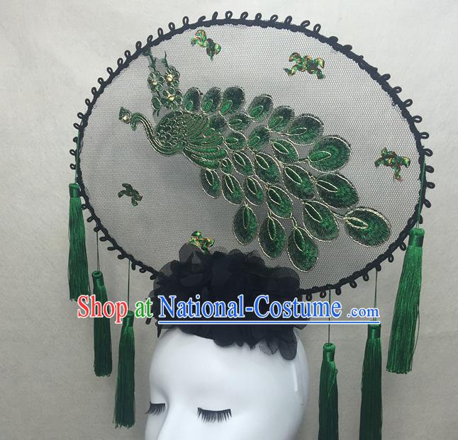 Chinese Traditional Stage Court Embroidered Peacock Top Hat Cheongsam Catwalks Deluxe Headwear Handmade Fashion Show Giant Hair Crown