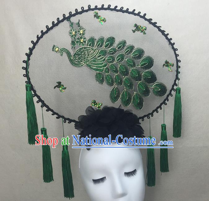 Chinese Traditional Stage Court Embroidered Peacock Top Hat Cheongsam Catwalks Deluxe Headwear Handmade Fashion Show Giant Hair Crown