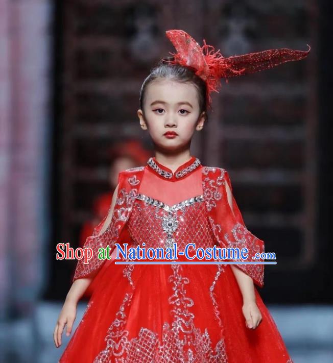 Custom Girl Princess Sequins Clothing Stage Show Red Full Dress Children Catwalks Dance Garment Costume