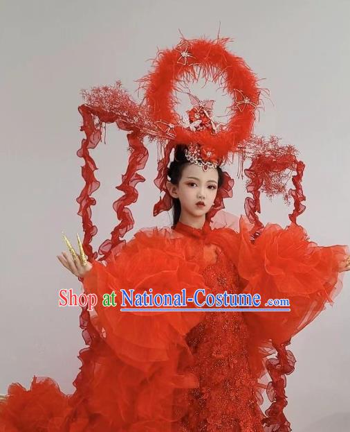 Customized Brazil Parade Dance Red Veil Trailing Full Dress Children Catwalks Garment Costume Girl Stage Show Clothing and Headdress