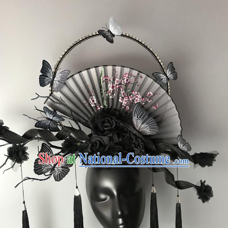 Chinese Traditional Stage Court Fan Tassel Top Hat Cheongsam Catwalks Deluxe Headwear Handmade Fashion Show Giant Black Butterfly Hair Crown