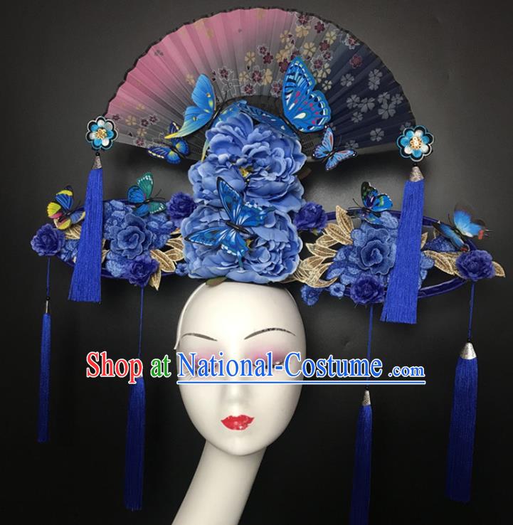 Chinese Cheongsam Catwalks Deluxe Headwear Handmade Fashion Show Giant Blue Peony Hair Crown Traditional Stage Court Fan Top Hat