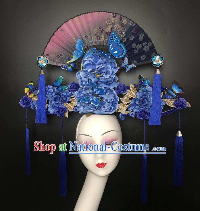 Chinese Cheongsam Catwalks Deluxe Headwear Handmade Fashion Show Giant Blue Peony Hair Crown Traditional Stage Court Fan Top Hat