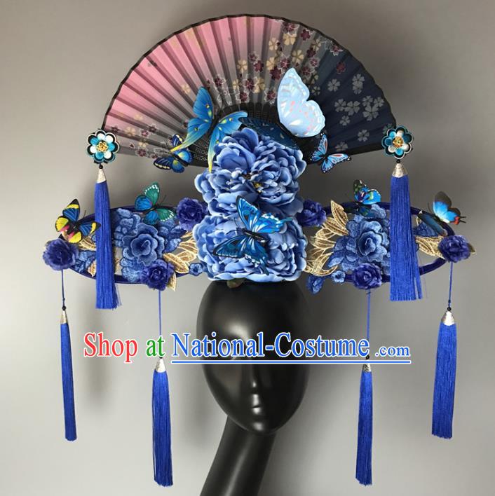 Chinese Cheongsam Catwalks Deluxe Headwear Handmade Fashion Show Giant Blue Peony Hair Crown Traditional Stage Court Fan Top Hat