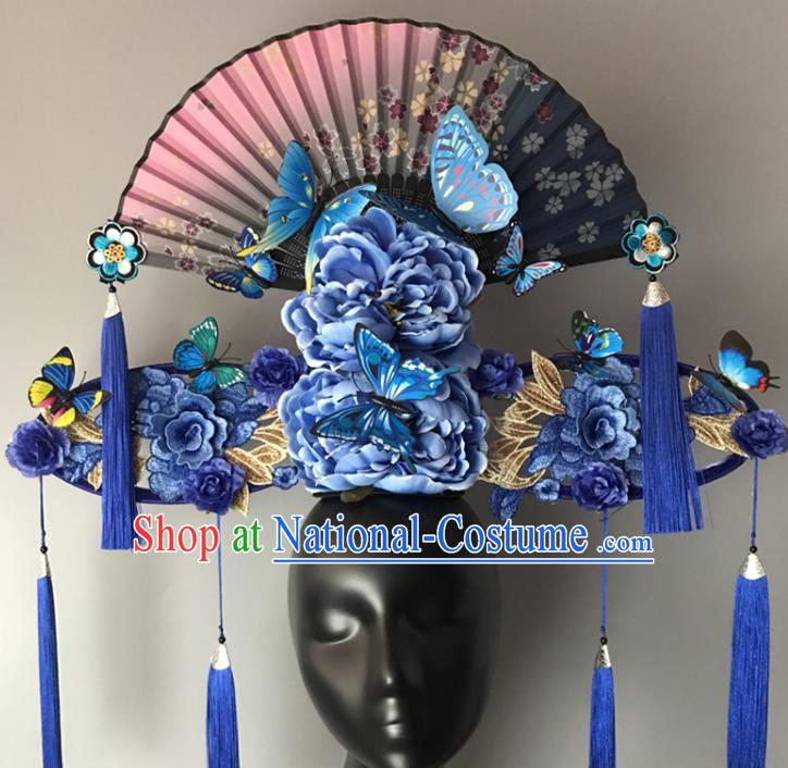 Chinese Cheongsam Catwalks Deluxe Headwear Handmade Fashion Show Giant Blue Peony Hair Crown Traditional Stage Court Fan Top Hat