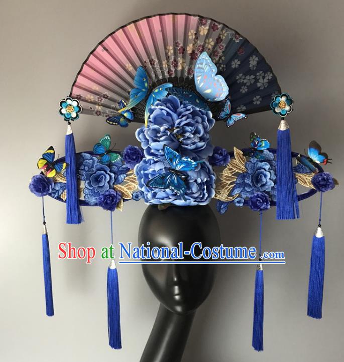 Chinese Cheongsam Catwalks Deluxe Headwear Handmade Fashion Show Giant Blue Peony Hair Crown Traditional Stage Court Fan Top Hat