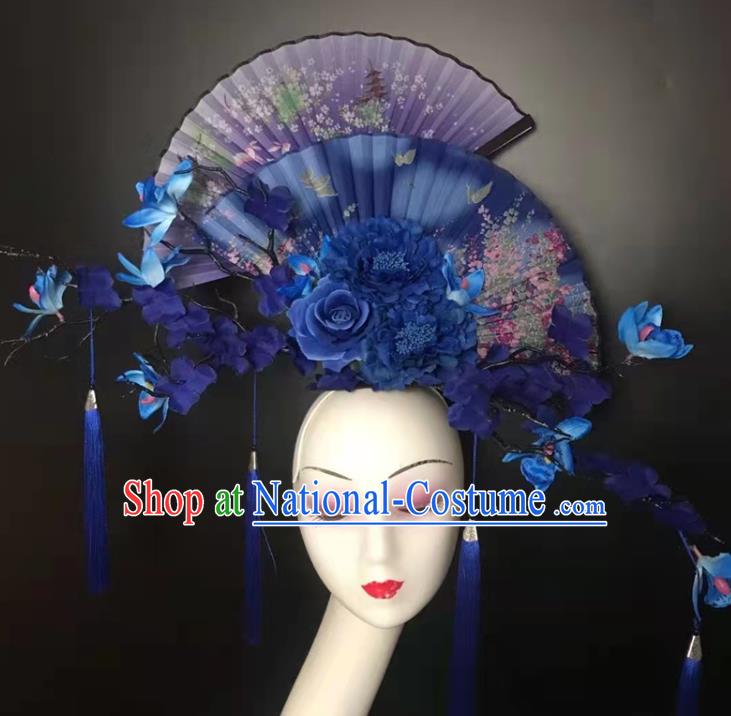 Chinese Traditional Stage Court Fan Top Hat Cheongsam Catwalks Giant Headwear Handmade Fashion Show Blue Peony Hair Crown