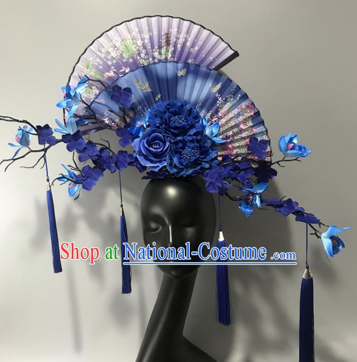 Chinese Traditional Stage Court Fan Top Hat Cheongsam Catwalks Giant Headwear Handmade Fashion Show Blue Peony Hair Crown