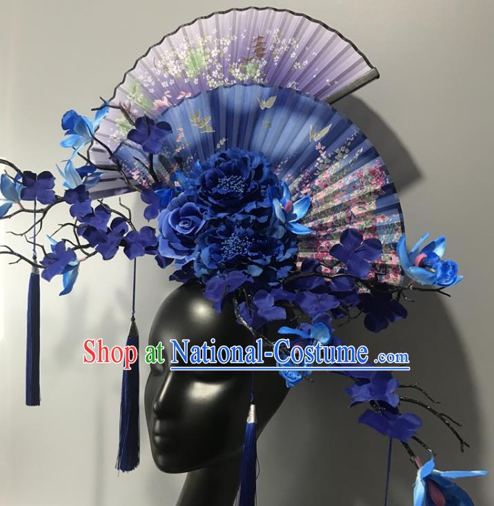 Chinese Traditional Stage Court Fan Top Hat Cheongsam Catwalks Giant Headwear Handmade Fashion Show Blue Peony Hair Crown