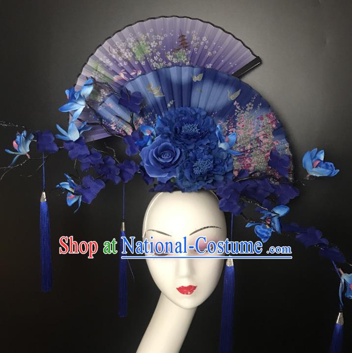 Chinese Traditional Stage Court Fan Top Hat Cheongsam Catwalks Giant Headwear Handmade Fashion Show Blue Peony Hair Crown