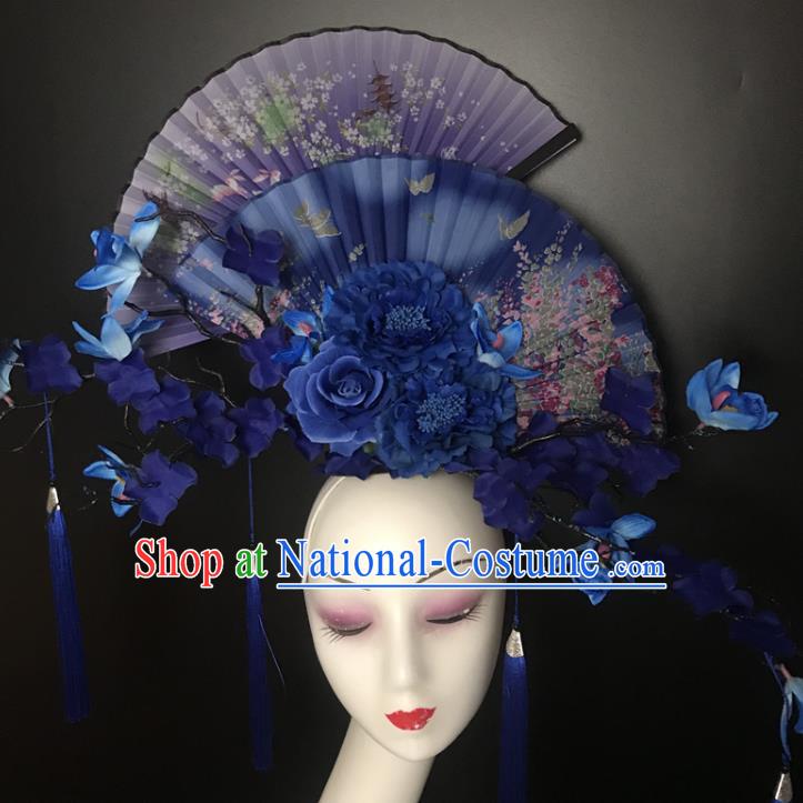 Chinese Traditional Stage Court Fan Top Hat Cheongsam Catwalks Giant Headwear Handmade Fashion Show Blue Peony Hair Crown