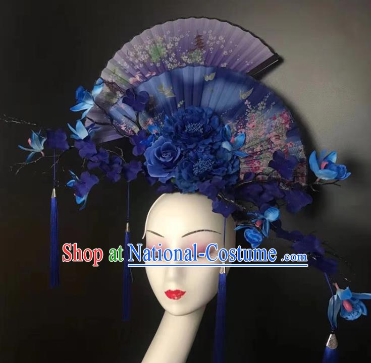 Chinese Traditional Stage Court Fan Top Hat Cheongsam Catwalks Giant Headwear Handmade Fashion Show Blue Peony Hair Crown