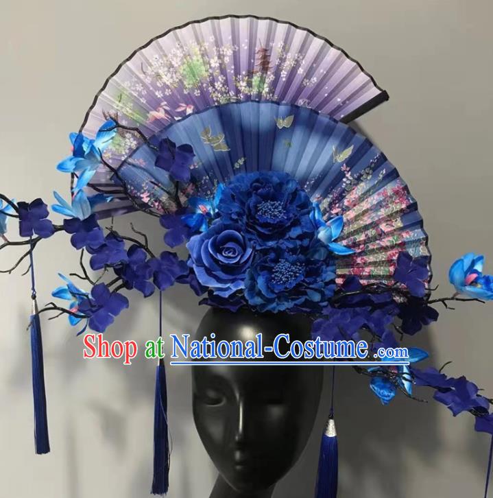 Chinese Traditional Stage Court Fan Top Hat Cheongsam Catwalks Giant Headwear Handmade Fashion Show Blue Peony Hair Crown