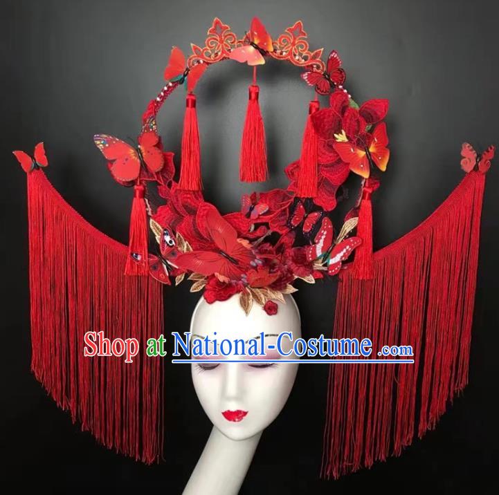 Chinese Handmade Fashion Show Red Tassel Hair Crown Traditional Stage Court Butterfly Top Hat Cheongsam Catwalks Giant Headwear