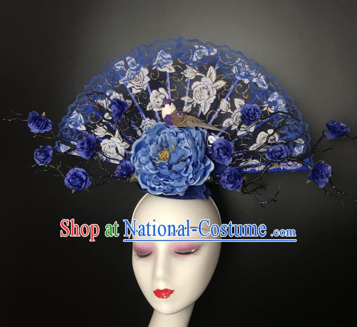 Chinese Cheongsam Catwalks Giant Headwear Handmade Fashion Show Blue Peony Hair Crown Traditional Stage Court Lace Fan Top Hat