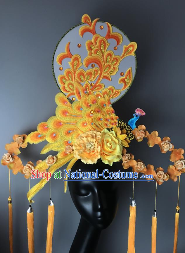 Chinese Traditional Stage Court Yellow Peacock Top Hat Cheongsam Catwalks Giant Headwear Handmade Fashion Show Embroidered Fan Hair Crown