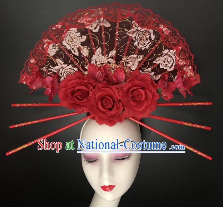 Chinese Handmade Fashion Show Red Rose Hair Crown Traditional Stage Court Lace Fan Top Hat Cheongsam Catwalks Giant Headdress