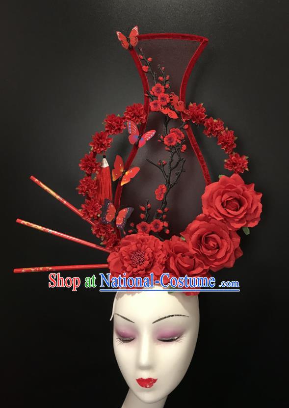 Chinese Traditional Stage Court Red Vase Top Hat Cheongsam Catwalks Giant Headdress Handmade Fashion Show Flowers Hair Crown