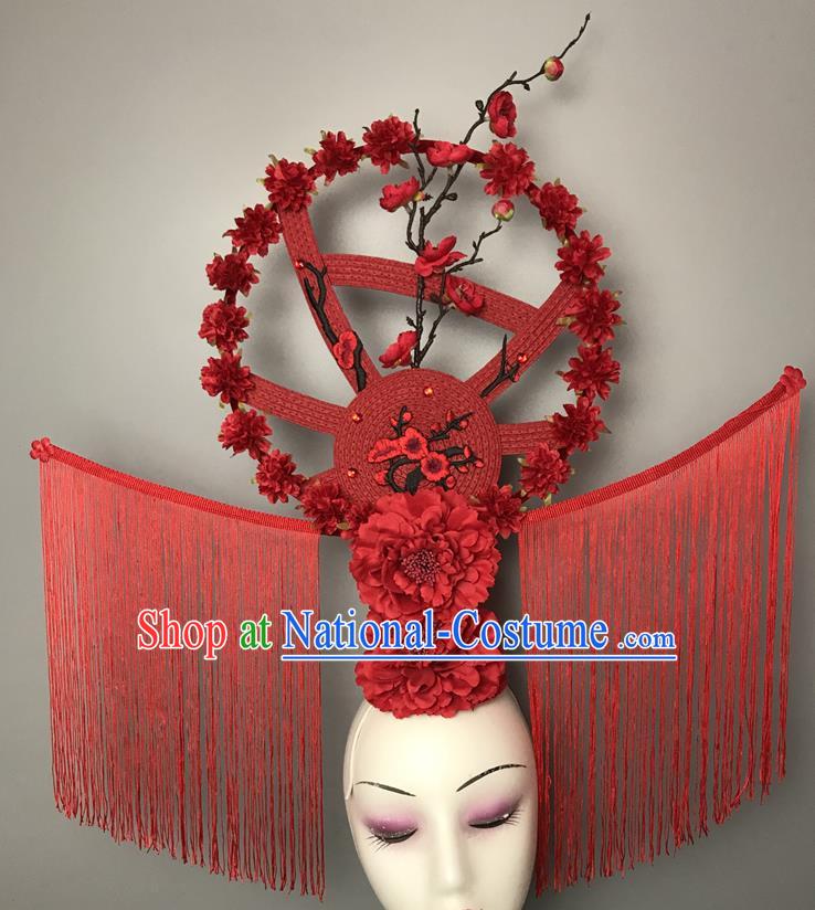 Chinese Handmade Fashion Show Flowers Hair Crown Traditional Stage Court Deluxe Tassel Top Hat Cheongsam Catwalks Giant Headdress