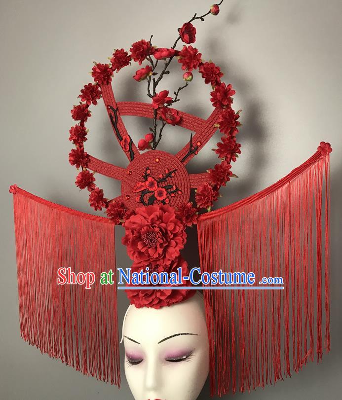 Chinese Handmade Fashion Show Flowers Hair Crown Traditional Stage Court Deluxe Tassel Top Hat Cheongsam Catwalks Giant Headdress