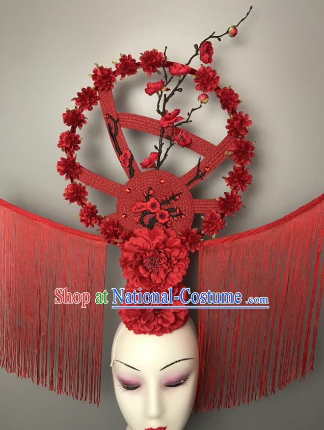 Chinese Handmade Fashion Show Flowers Hair Crown Traditional Stage Court Deluxe Tassel Top Hat Cheongsam Catwalks Giant Headdress