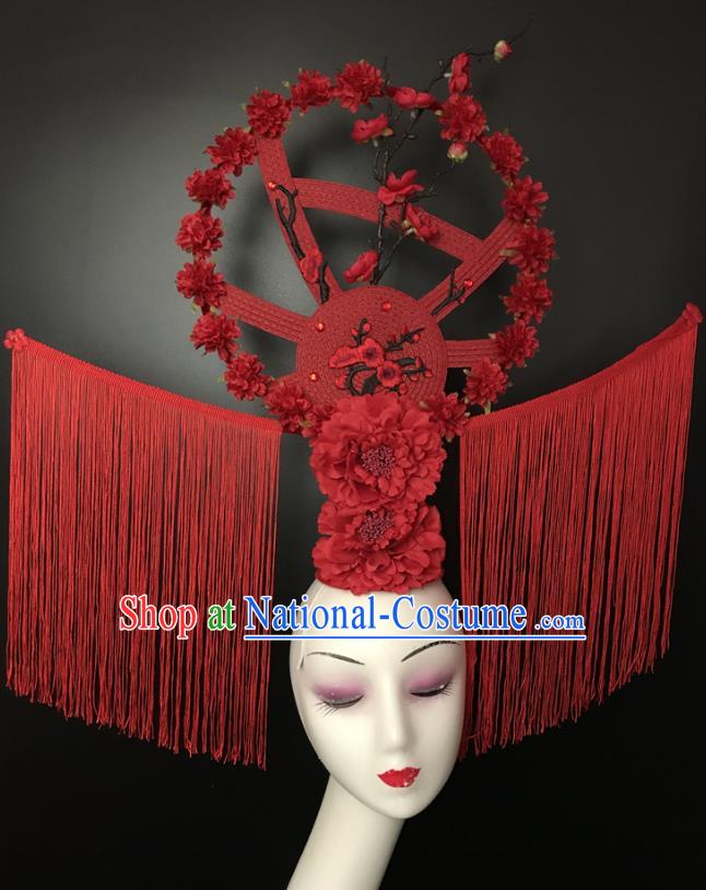 Chinese Handmade Fashion Show Flowers Hair Crown Traditional Stage Court Deluxe Tassel Top Hat Cheongsam Catwalks Giant Headdress