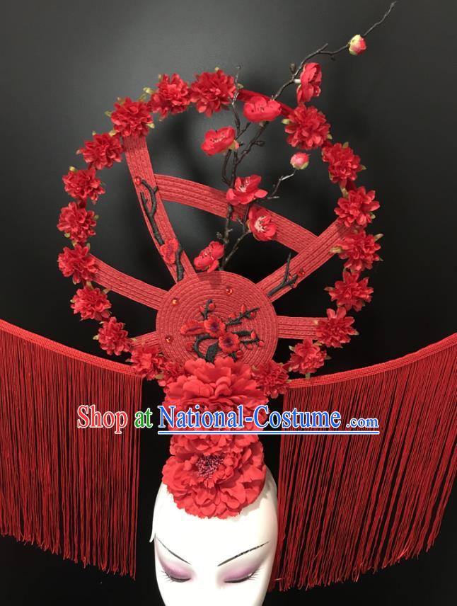 Chinese Handmade Fashion Show Flowers Hair Crown Traditional Stage Court Deluxe Tassel Top Hat Cheongsam Catwalks Giant Headdress