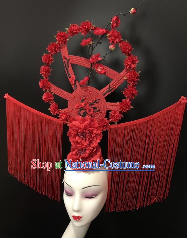 Chinese Handmade Fashion Show Flowers Hair Crown Traditional Stage Court Deluxe Tassel Top Hat Cheongsam Catwalks Giant Headdress