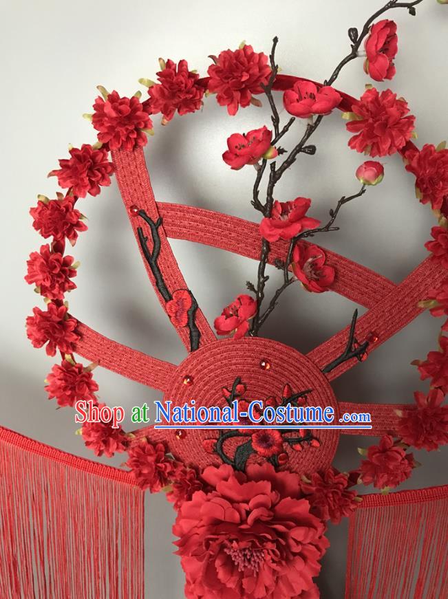 Chinese Handmade Fashion Show Flowers Hair Crown Traditional Stage Court Deluxe Tassel Top Hat Cheongsam Catwalks Giant Headdress