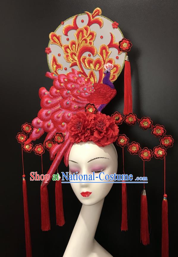 Chinese Cheongsam Catwalks Giant Headdress Handmade Fashion Show Red Peacock Hair Crown Traditional Stage Court Deluxe Top Hat