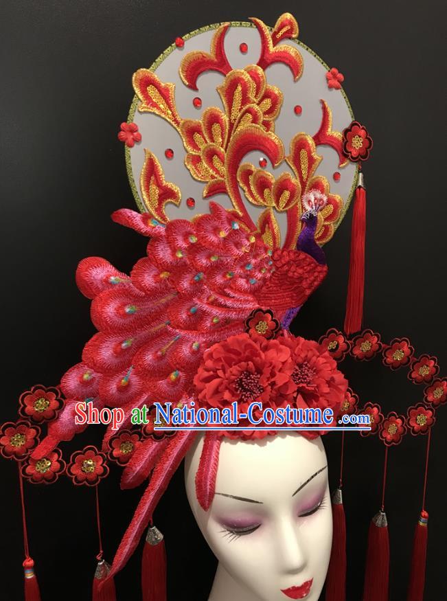 Chinese Cheongsam Catwalks Giant Headdress Handmade Fashion Show Red Peacock Hair Crown Traditional Stage Court Deluxe Top Hat